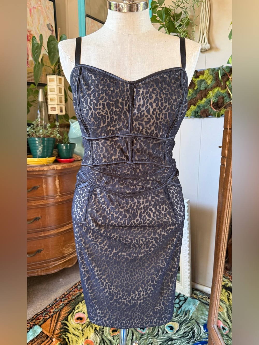 Torrid Womens Blk Animal Stretch Lace Fitted Slip Dress Sz 3X Pre-owned